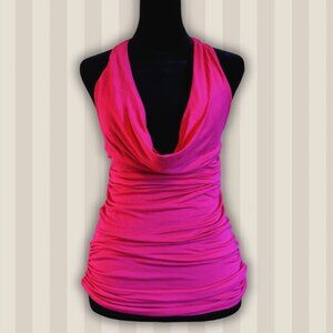 Second Hand SWS Y2K pink low-neck  top with silver hoop details. Size: S